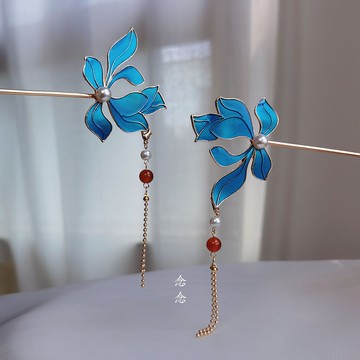 念念桃花幽蘭發簪古風漢服發飾燒藍滴油珍珠流蘇簪子旗袍民族頭飾