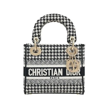 DIOR LADY D-LITE 系列經典黑白千鳥格紋刺繡黛妃包 / 迷你 / 附可拆式寬幅刺繡雙面肩背帶