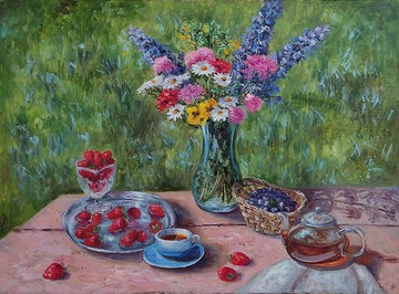 花卉靜物畫原創藝術花卉花束插在花瓶裡夏日風景