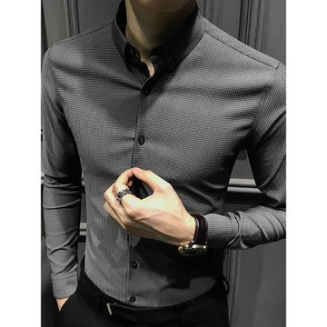 秋季千鳥格襯衫男長袖2024新款高級格子休閑襯衣修身商務男裝彈力