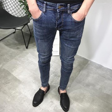 牛仔褲男夏新款藍色小腳長褲簡約百搭個性抓痕韓版潮社會網紅同款