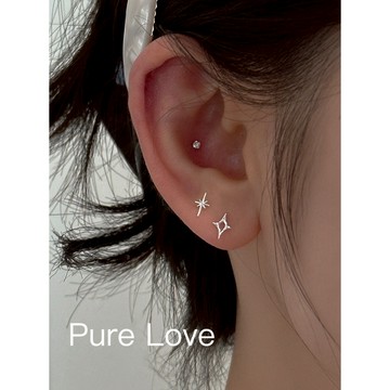 Pure Love樂芙 /正韓 銀飾【S999純銀】E0801簡約通體純銀鏤空四角八芒星不對稱耳環 / 銀