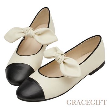 【Grace Gift】曼哈頓名媛撞色蝴蝶結平底娃娃鞋 黑x杏