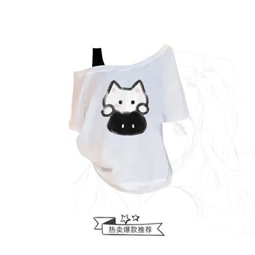 🍉韓系貓咪印花斜肩露肩短袖t恤女夏季2026新款設計感小衆休閒上衣
