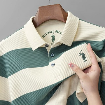 【新款熱賣】簡約條紋春秋男士長袖T恤條紋翻領小馬標POLO衫中年商務T