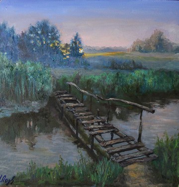 日落繪畫風景原創藝術風景橋河藝術品