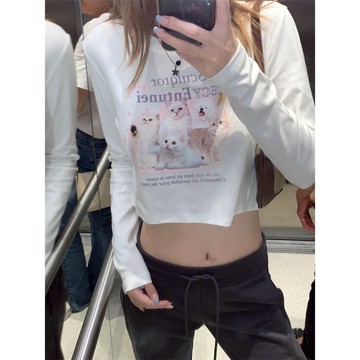 【太妮絲T199】現貨 韓系 貓咪狗狗印花 短版上衣 棉T OOTD 薄款 長袖上衣 學院