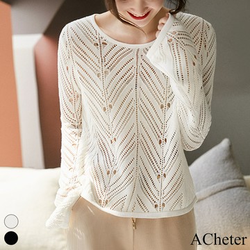 【ACheter】秋冬防曬毛衣涼爽輕靈撩人！ 浪漫鏤空圓領套頭針織衫寬鬆中長版百搭上衣 # 113731(現貨+預購)