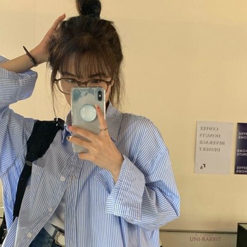 春季長袖襯衫女學院風新款慵懶寬鬆BF風寬鬆中長款條紋百搭外套潮
