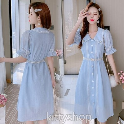 ワンピース レディース 代 夏 襟付き Aラインワンピース ブルー 水色 ロングワンピース パフスリーブ レース キレイめ 半袖ワンピース 通販 Lineポイント最大get Lineショッピング