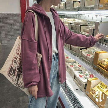 日系寬鬆連帽拉鏈衛衣女開衫外套【聚物優品】