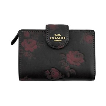 COACH 酒紅色玫瑰浮雕黑色素面皮革金字牌摺口釦式雙摺中夾