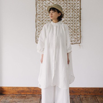 中古感花邊領連衣裙 / 亞麻白襯衫式長裙 / 日系復古寬鬆袍子