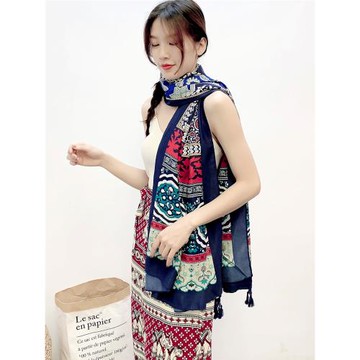 夏季云南旅游防曬披肩民族風花色沙灘大圍巾復古長款百搭薄絲巾女