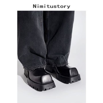 巴黎小眾英倫風翹頭鞋女真皮暗黑系方頭厚底增高德比鞋男休閑皮鞋