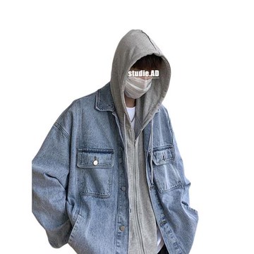 假兩件牛仔外套男士春季美式高街潮牌夾克休閑百搭痞帥連帽上衣服