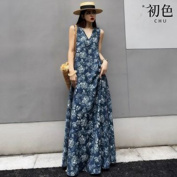 初色 法式純色V領碎花寬鬆口袋中長裙連衣裙連身洋裝長裙-藍色-52776(M-2XL可選)
