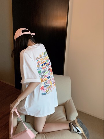 夏季新款原宿風短袖T恤女設計感小眾寬松韓版中長款印花上衣