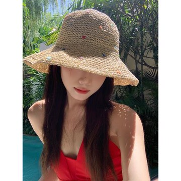 小眾彩色編織度假草帽大帽檐防曬帽子女夏季戶外沙灘遮陽帽漁夫帽
