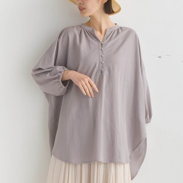 日本 OMNES - 接觸涼感 嫘縈亨利領五分袖上衣-灰