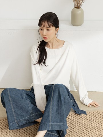 彈性針織撞色車線圓領長袖上衣