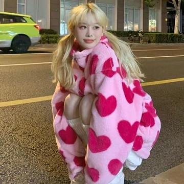 粉色愛心羊羔毛外套女冬季【外套-面羊羔絨】韓版設計感小眾加絨加厚 寬松棉服