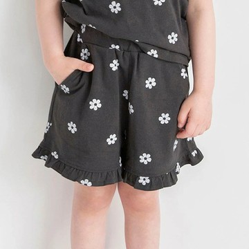 日本 BRANSHES - 純棉荷葉邊女孩印花短褲-滿版小花-灰黑