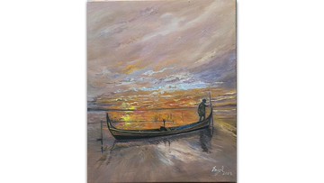 天使畫廊原創油畫 餘暉方舟  掛畫 /畫作