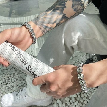 【ANNOYING LIFE】🇰🇷 方塊 鑽石 古巴 手鍊 滿鑽手鍊 陷阱 街頭 簡約 時尚 情侶款 銀鍊 #051F