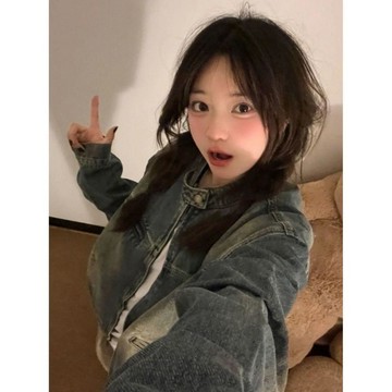 限時下殺⚡美式復古Vibe風工裝牛仔外套女春秋設計感小衆水洗做舊開衫夾克潮
