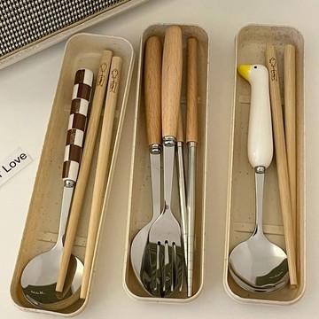 小鴨子木質餐具 不銹鋼餐具 餐具 可愛 勺子 筷子 餐具套裝 便攜 收納盒