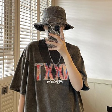 水洗做舊t恤男夏季重磅半袖上衣ins潮流寬松圓領體恤美式復古短袖