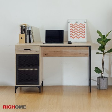 RICHOME 盧卡斯書桌 工業風鐵藝抽屜櫃書桌 / 簡約網狀門電腦桌 / 木紋工作桌 / 收納型辦公桌 DE314