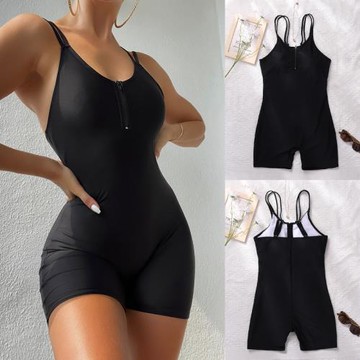 2021歐美新黑色連體帶拉鏈吊帶U領比基尼性感沙灘海邊度假bikini