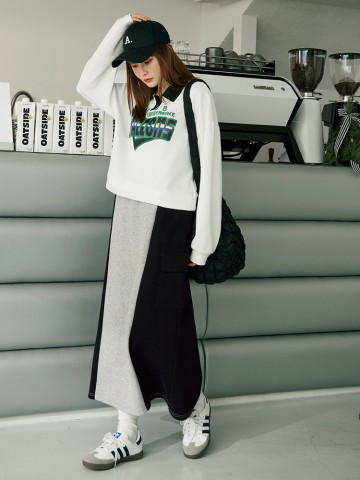 棉質撞色大口袋腰鬆緊休閒長裙