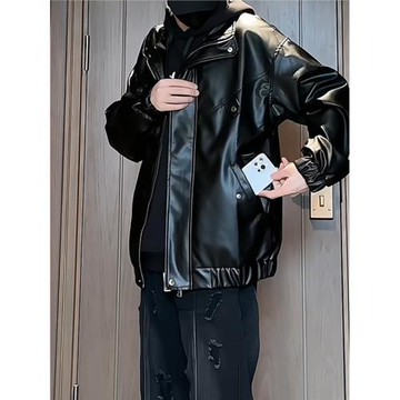 (免運)黑色pu皮衣男款秋冬痞帥cleanfit外套短款棒球服美式機車夾克潮牌