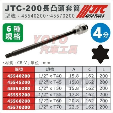 【YOYO汽車工具】JTC 4分 200長 星型 6角 凸頭 套筒 1/2" T40 T45 T50 T55 T60