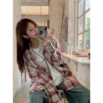 復古紅色格子襯衫秋季設計感寬鬆百搭休閒格紋襯衫外套ins
