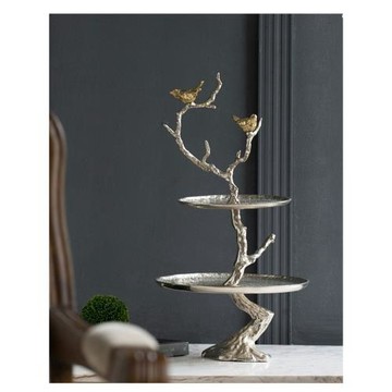 AB印度進口手錘紋鋁制銀樹枝金鳥二層蛋糕盤冷餐桌托盤飾品擺件
