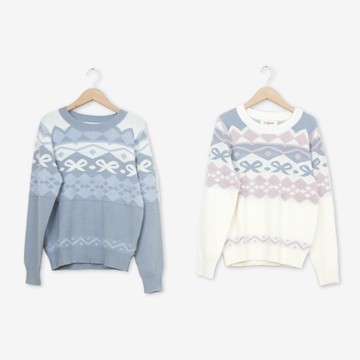 【CUMAR】配色毛絨幾何蝴蝶結圖案針織上衣 藍 杏(魅力商品)