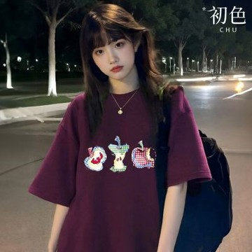 初色 休閒百搭圓領五分短袖復古水果寬鬆T恤上衣女上衣-共4色-19630(M-3XL可選)