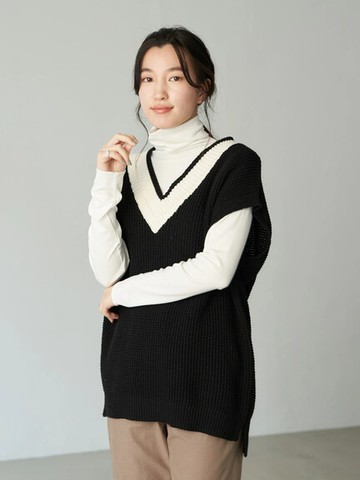 華夫格紋配色V領針織背心(1D21L2X0100) - earth music&ecology