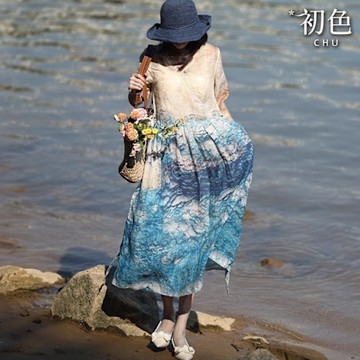 初色 日系復古印花棉麻寬鬆V領五分袖連衣裙連身洋裝長洋裝-杏色-10586(M-2XL可選)