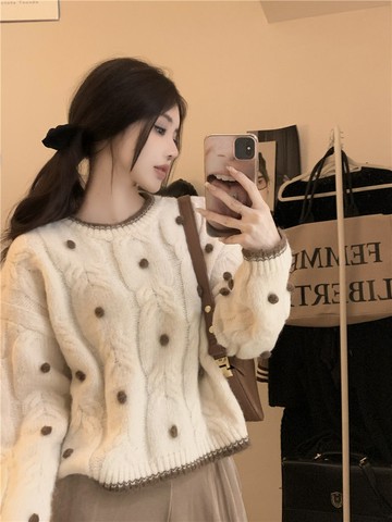 毛衣衫溫柔風軟糯撞色女加厚寬松短款時尚百搭設計感長袖秋冬新款