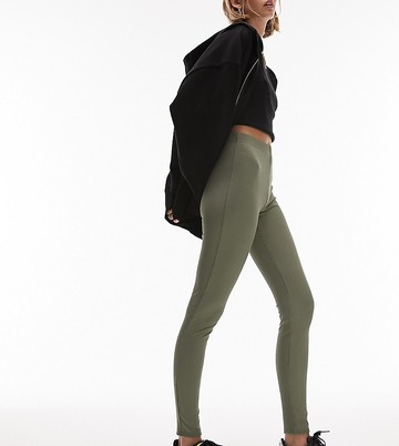 Topshop Petite skinny rib legging in khaki-Green