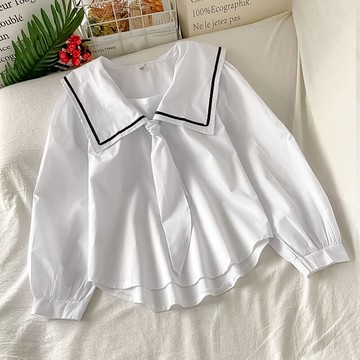海軍領長袖白色襯衫女秋季年新款日系學院風寬松百搭短款上衣