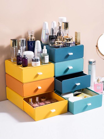 ins桌面收納盒抽屜式 化妝品置物架辦公室書桌上整理神器儲物小柜