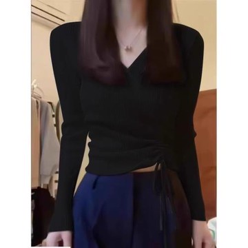 白色v領長袖針織衫春秋打底衫法式高腰抽繩獨特絕美毛衣短款上衣
