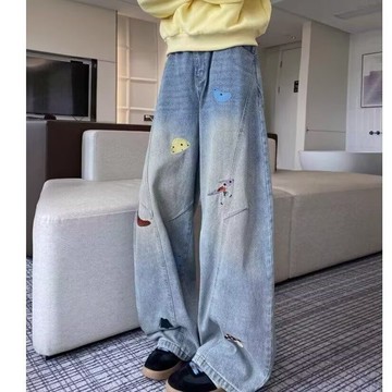 美式時尚潮流藍色牛仔褲男秋季新款休閒百搭寬鬆長褲男