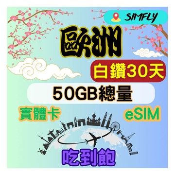 SIMFLY 歐洲31國 30天內高速50GB量到降速吃到飽
